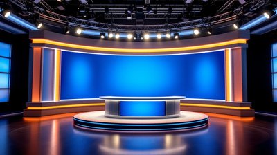 A television news studio set with an anchor desk under an overhead lighting rig