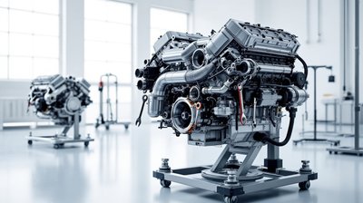 A hybrid V8 car engine on an assembly stand in a bright engine build hall
