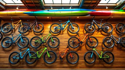 A wooden wall of new mountain bikes beneath colourful kayaks in a sporting goods store