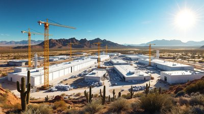 A new semiconductor plant under construction with tower cranes in the Arizona desert