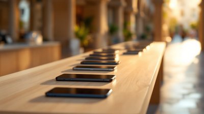 New smartphones lined up on an oak display table in a sunlit store