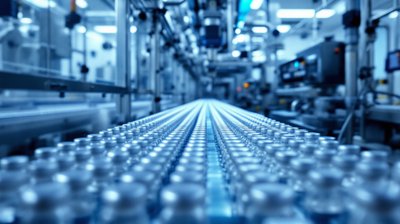 Glass vaccine vials moving along a stainless steel filling line