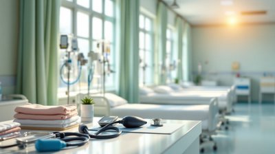 A sunlit hospital ward with a nurses' station and freshly made beds