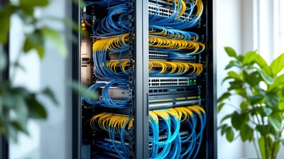 An open network cabinet with blue and yellow patch cables in daylight