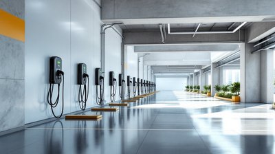 A row of electric vehicle chargers along a bright parking garage wall