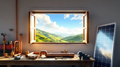 A polytechnic workbench with copper pipes, tools and a solar panel beside a window over green Kenyan hills