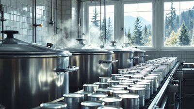 Stainless steel soup kettles and a line of cans in a bright food plant