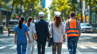 Workers in different job uniforms, including a nurse, chefs and a hi-vis worker, crossing a sunny city street