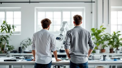 Two engineers seen from behind working on a white robot arm in a bright engineering lab