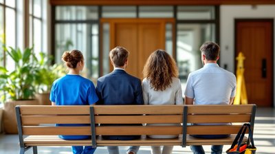 Four job applicants from different fields seen from behind on a bench outside an interview room