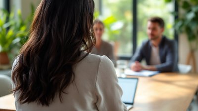 Over-the-shoulder view of a job candidate across a table from two interviewers in a bright meeting room