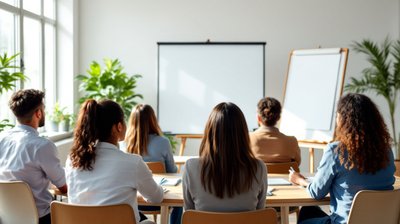 Colleagues seen from behind in a sunny leadership workshop facing a blank flip chart
