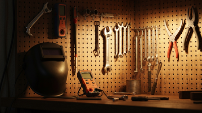 A craftsman's pegboard tool wall in a warm-lit workshop with wrenches, pliers, a welding mask and voltage tester, celebrating high-paying skilled trades.