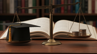 A graduation cap balanced against stacked coins on a brass scale, evoking the financial return on a college degree