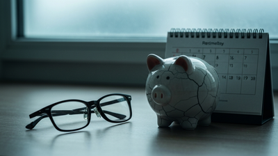 A cracked piggy bank beside a calendar, evoking the hidden retirement savings gap