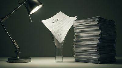 Resumes funneling through a narrow glass funnel with one slipping past, evoking AI hiring filters