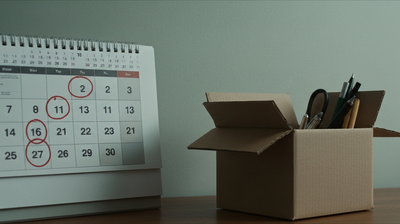 A calendar with circled dates beside a packed desk box, evoking tech layoffs