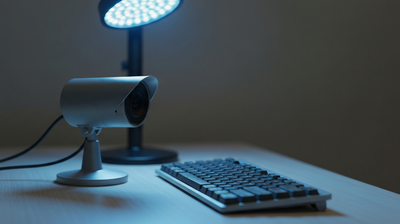 A small camera trained on an empty keyboard, evoking workplace surveillance