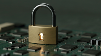 A brass padlock on a circuit board, evoking the cybersecurity talent shortage