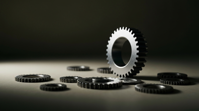 A sturdy upright gear among worn ones, evoking AI-resilient engineering jobs