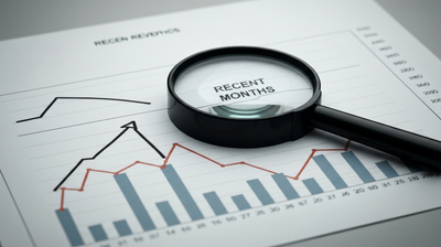 A line chart with an upward revision arrow under a magnifying glass, evoking revised jobs data