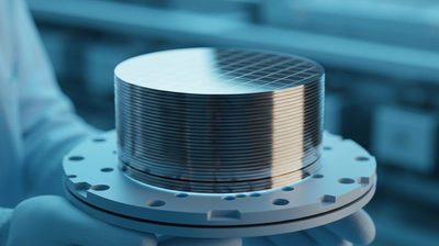 Silicon wafers in a fab cassette under blue light, evoking AI chip startup hiring