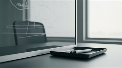 A whiteboard with diagram marks and an empty chair, evoking a job interview