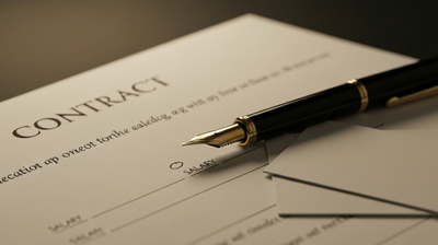 A fountain pen on a contract with a highlighted salary line, evoking salary negotiation