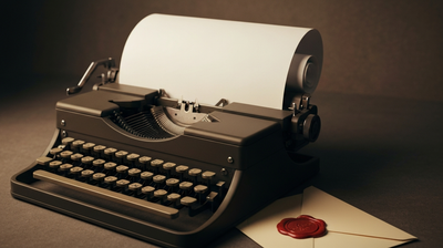 A typewriter with a blank sheet and a sealed envelope, evoking cover letters