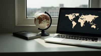 A passport, globe, and laptop on a windowsill, evoking remote work from anywhere