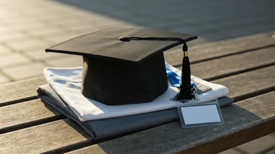 Graduation cap resting on a folded work apron beside a blank employee name badge on a bench