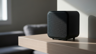 Matte black wireless home speaker on a pale wood shelf in soft window light