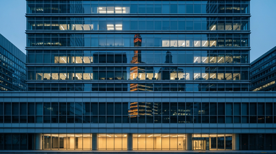 Glass banking tower at dusk in an Asian financial district with half-lit floors