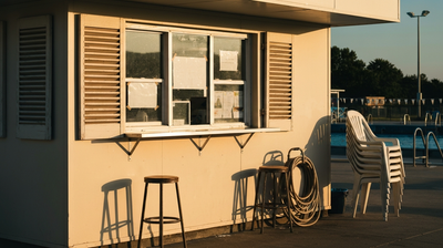 Empty seasonal poolside ice cream stand at golden hour with a blank flyer taped to the service window