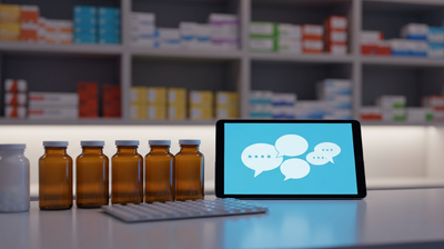 Pharmacy counter with a tablet showing an abstract chat interface beside amber prescription bottles and a pill tray
