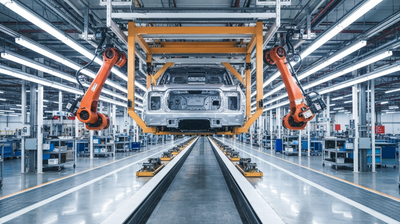 Modern automotive assembly plant interior with a pickup truck body on an overhead conveyor and orange robotic arms