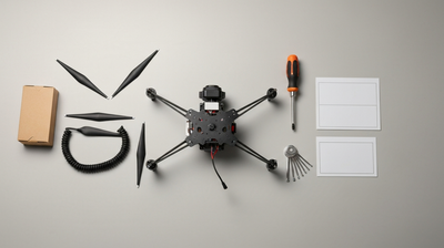 Overhead flat-lay of a delivery drone airframe with spare rotors, tether, tools and blank cards