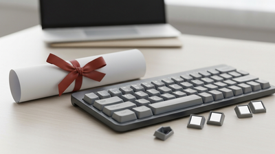 Rolled diploma leaning against a keyboard with blank and removed keycaps