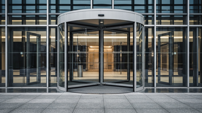 Empty revolving glass door at a corporate building entrance in flat overcast light