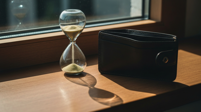 Hourglass with sand mid-fall beside an empty leather wallet on a sunlit windowsill
