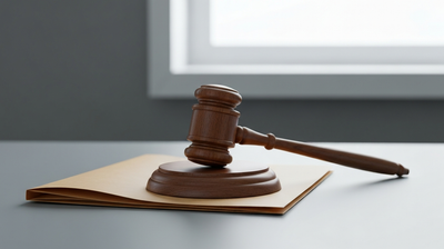 Wooden judge gavel resting on a sound block atop a closed manila folder on a formal desk
