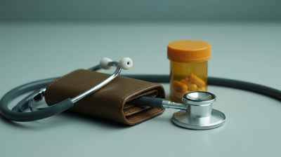 Stethoscope coiled around a closed wallet and prescription pill bottle