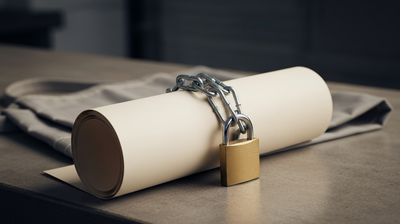 Rolled blank contract wrapped in a steel chain and padlock on a worn workplace counter