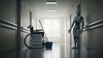 Powered-down humanoid robot standing idle in a quiet hospital corridor beside a wheelchair, folded linens and a mop bucket