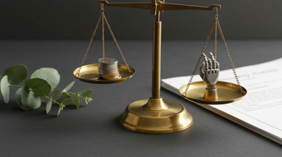 A brass balance scale nearly level with silver coins on one pan and a small metal robot hand on the other