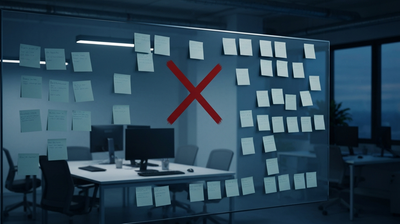 Empty dusk tech office with a glass board of blank sticky notes crossed out by a red X signaling shelved AI projects
