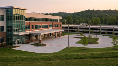 Modern regional hospital campus exterior at golden hour with covered ambulance bay and parking structure in Middle Tennessee