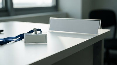 Blank ID badge on a lanyard beside an empty desk nameplate holder, first day at a new office