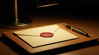 Sealed cream envelope with a wax seal and a fountain pen on a leather portfolio, signing a job offer