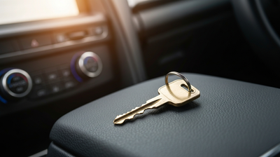 A single house key resting on a car console, warm afternoon light, ready for a day of showings